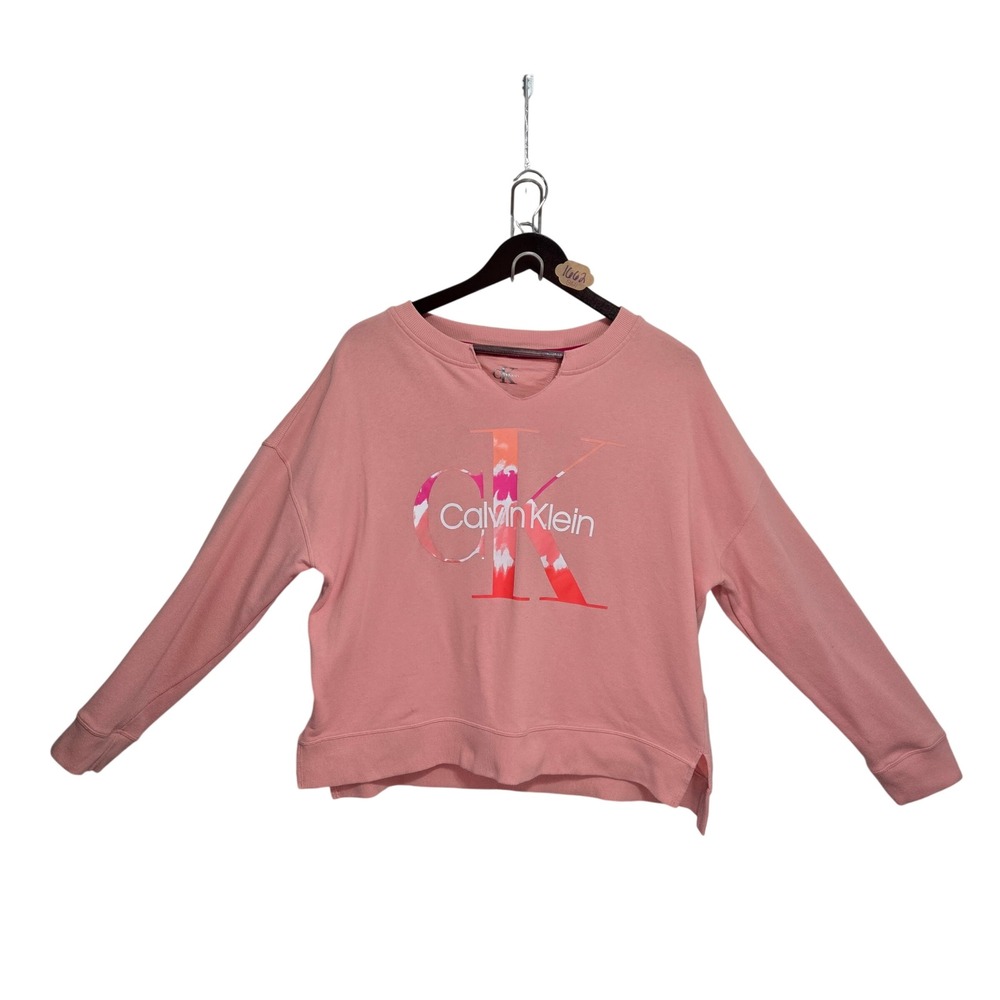 Calvin Klein Performance Womens Pink Tie Dye Logo Sweatshirt Large Notched Neck